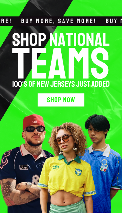 Shop national teams – Hundreds of new jerseys just added. Three models wearing retro national football shirts including Brazil and Italy. Shop now at Vintage Football Shop.